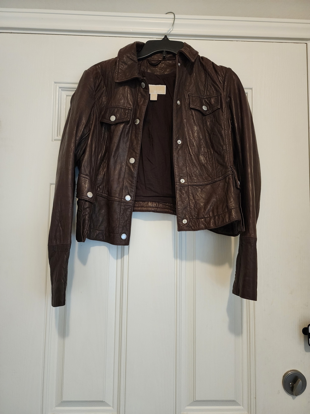Women's Brown Leather Button-Front Jacket